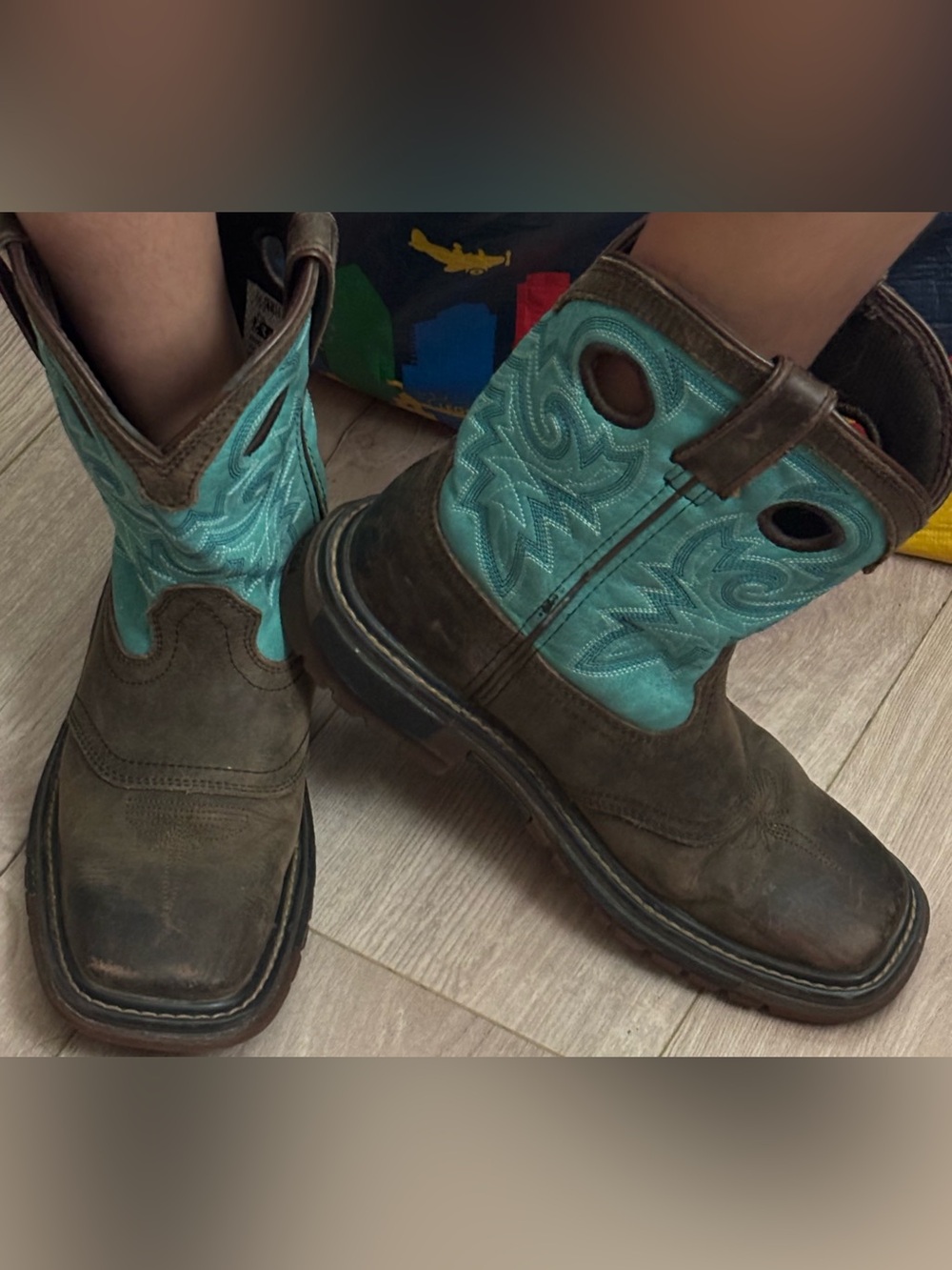 Rocky Brown and Turquoise Kids Pull-On Western Boots